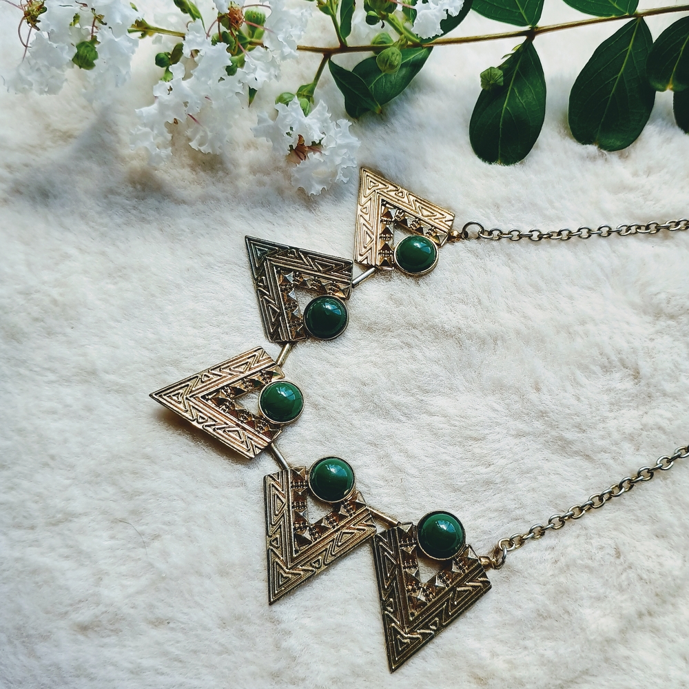 Vintage Aztec style bib necklace with green accent, whimsygoth, bohemian